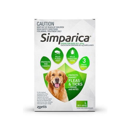 Simparica Chewables 80mg For Large Dogs 20.1-40kg (Green) 12 Doses