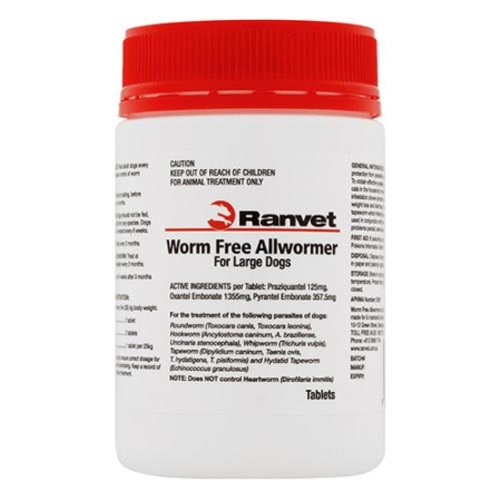 Ranvet Allwormer For Large Dogs 25 Kg 100 Tablets
