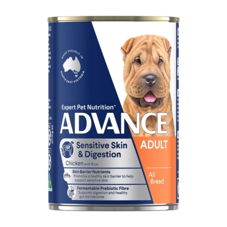 Advance Sensitive Skin & Digestion Chicken & Rice All Breed Adult Dog Canned Wet Food 410 Gm 12 Cans