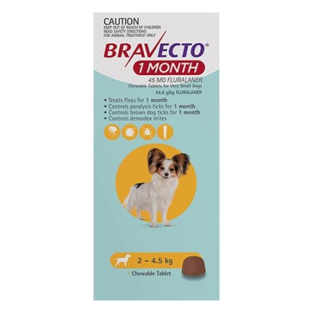 Bravecto 1 Month Chew For Dogs 2-4.5 Kg - Very Small (Yellow) 1 Chew - 1 Month