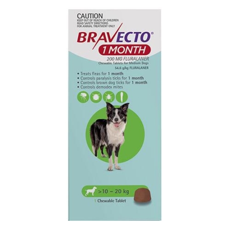 Bravecto 1 Month Chew For Dogs 10-20 Kg - Medium (Green) 1 Chew - 1 Month