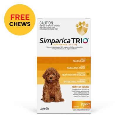 Simparica Trio For Puppy 1.25-2.5kg (Yellow) 6 Chews + 1  Free