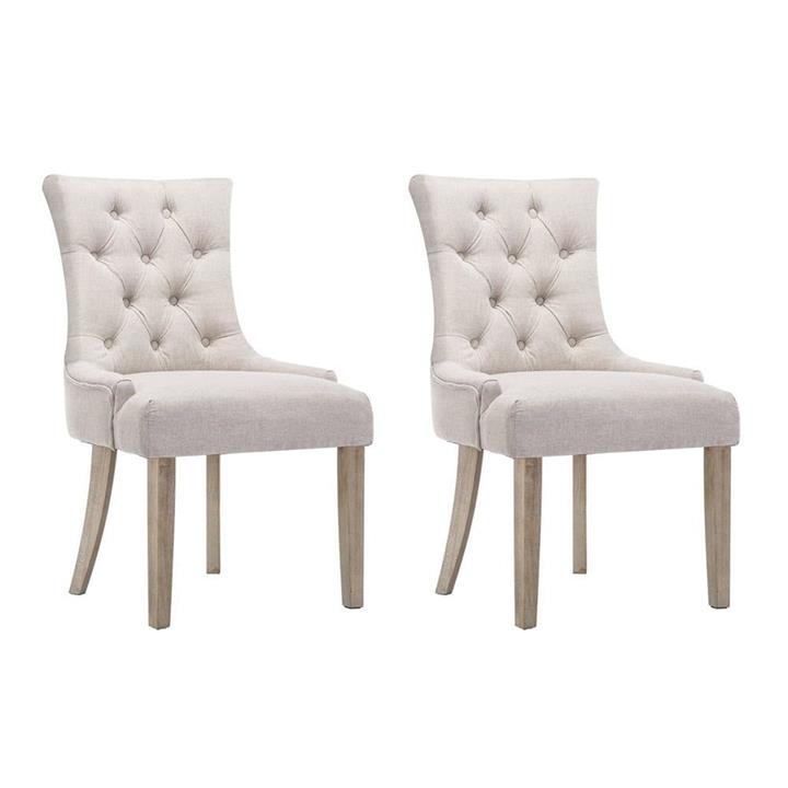 Set of 2 Dining Chair Beige CAYES French Provincial Chairs Wooden Fabric Retro Cafe