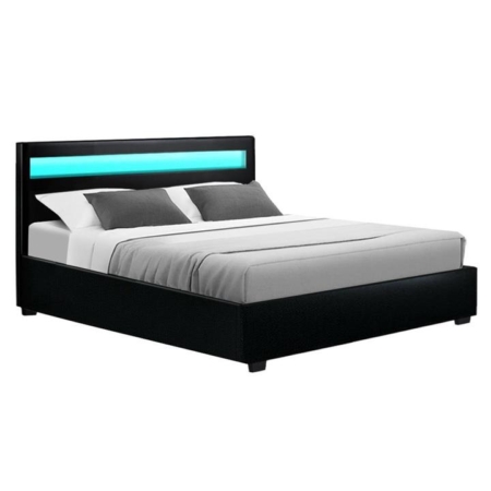 Cole LED Bed Frame PU Leather Gas Lift Storage - Black Queen