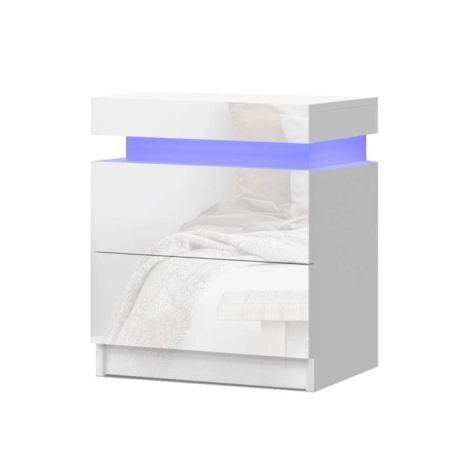 Bedside Tables Side Table Drawers RGB LED High Gloss Nightstand White