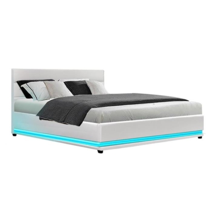Lumi LED Bed Frame PU Leather Gas Lift Storage - White Queen