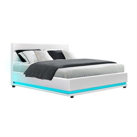 Lumi LED Bed Frame PU Leather Gas Lift Storage - White Double