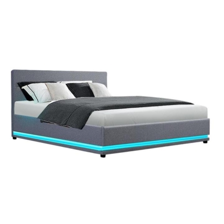 Lumi LED Bed Frame Fabric Gas Lift Storage - Grey Queen