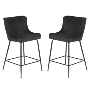 Set of 2 Lesley Velvet Fabric Kitchen Counter Bar Stool 66cm - Black