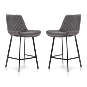 Set of 2 Fin Suede Fabric Kitchen Counter Bar Stool Black Metal Legs 66cm - Charcoal