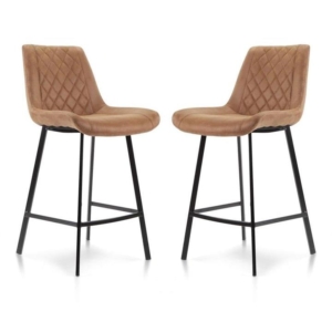 Set of 2 Fin Fabric Suede Kitchen Counter Bar Stool Black Metal Legs 66cm - Cognac