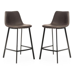 Set of 2 Gordon Faux Leather Bar Stool 66cm - Black Metal Legs - Antique Grey