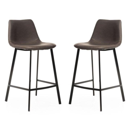 Set of 2 Gordon Faux Leather Bar Stool 66cm - Black Metal Legs - Antique Grey