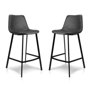 Set of 2 Gordon Faux Leather Bar Stool 66cm - Black Metal Legs - Antique Black