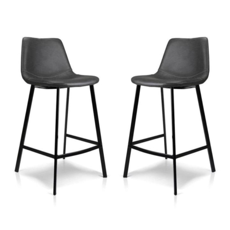 Set of 2 Gordon Faux Leather Bar Stool 66cm - Black Metal Legs - Antique Black
