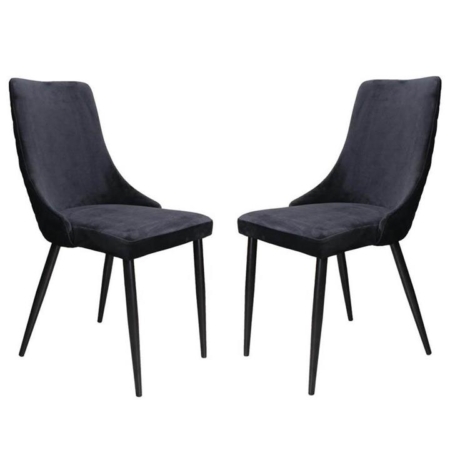 Set of 2 Vale Velvet Fabric Dining Chair - Black Metal Legs - Black