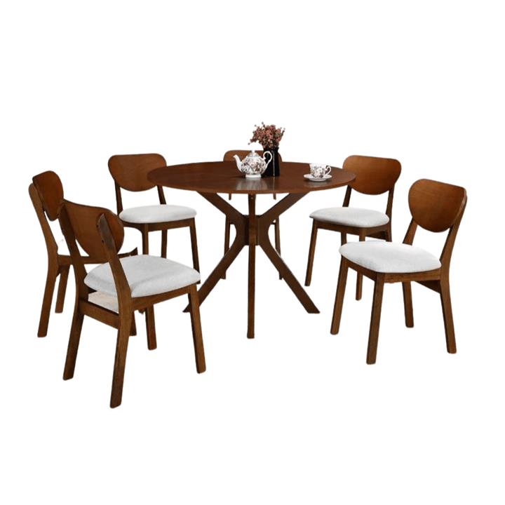 5Pc Dining Set Round Dining Table 105cm With 4 Dining Chairs - Walnut / Beige