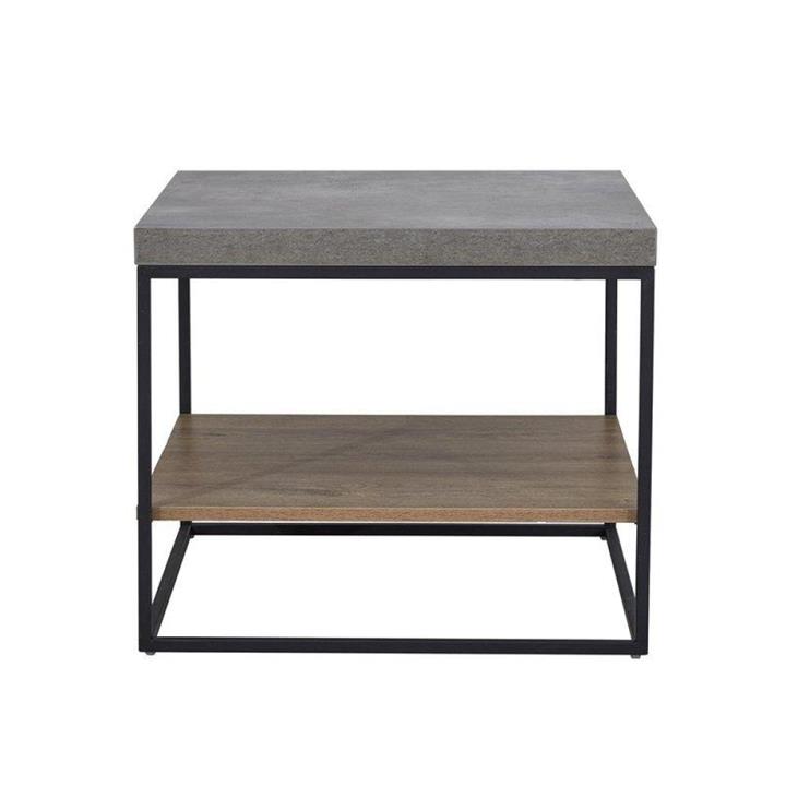 Modern Open Shelf Nightstand End Side Lamp Table - Black Metal Legs - Cement Grey