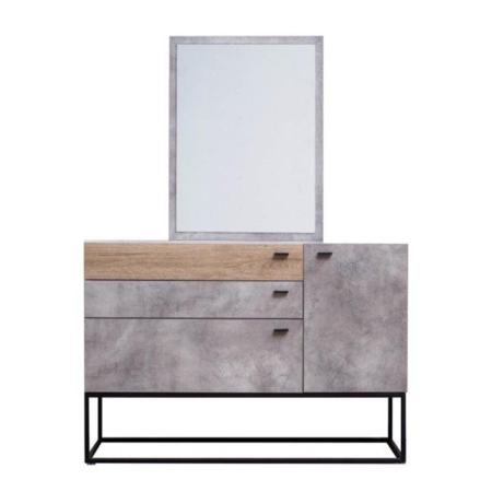 Dresser Sideboard Buffet Unit With Mirror - Black Metal Legs - Dark Oak / Cement Grey