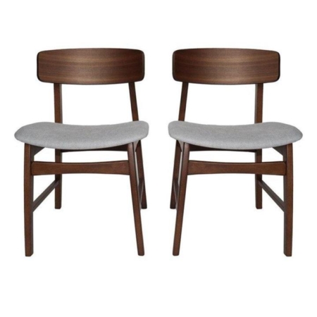 Set of 2 Fabric Dining Chair - Walnut Frame - Grey