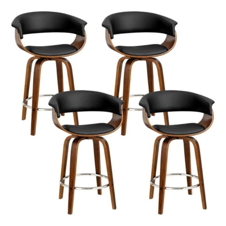 Set of 4 Swivel PU Leather Bar Stool - Wood and Black