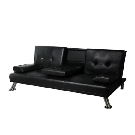 Adjustable 3 Seater PU Leather Sofa Bed Lounge Futon Couch With Cup Holder Black