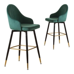 Set of 2 Bar Stools Kitchen Chairs Swivel Velvet Barstools Vintage Green