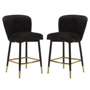 Set of 2 Gaia Velvet Fabric Kitchen Counter Bar Stool 63cm - Black