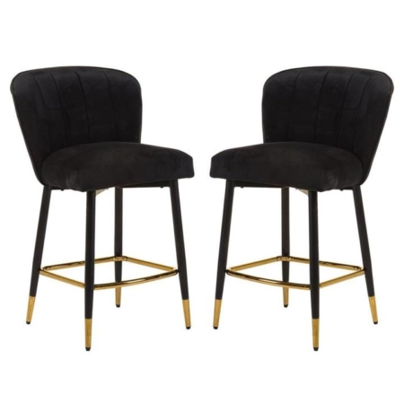 Set of 2 Gaia Velvet Fabric Kitchen Counter Bar Stool 63cm - Black