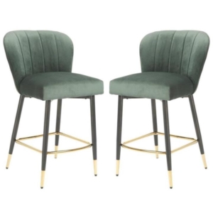 Set of 2 Gaia Velvet Fabric Kitchen Counter Bar Stool 63cm - Emerald