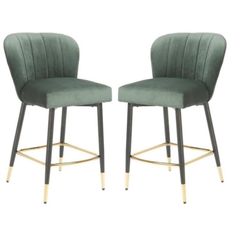 Set of 2 Gaia Velvet Fabric Kitchen Counter Bar Stool 63cm - Emerald