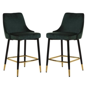 Set of 2 Luisa Velvet Fabric Kitchen Counter Bar Stool 63cm - Emerald