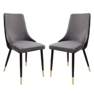 Set Of 2 Kira Velvet Fabric Dining Chair Black Metal Legs - Slate