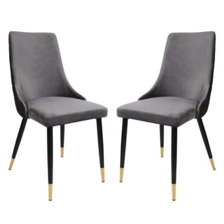 Set Of 2 Kira Velvet Fabric Dining Chair Black Metal Legs - Slate