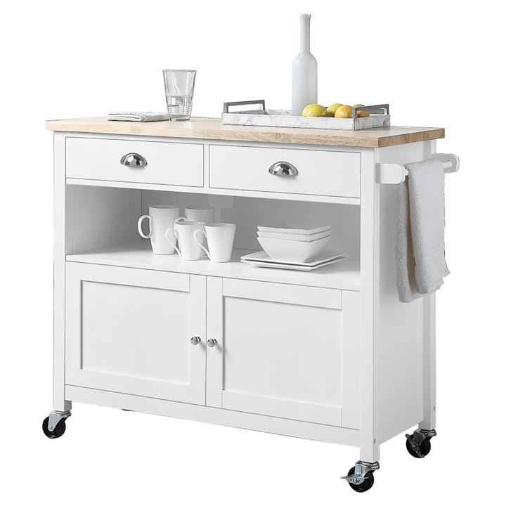 Dario Kitchen Island Storage Trolley Wood Counter Top W/ 2-Drawer - Natural & White