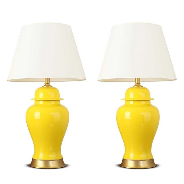 2X Oval Ceramic Table Lamp with Gold Metal Base Desk Lamp Yellow