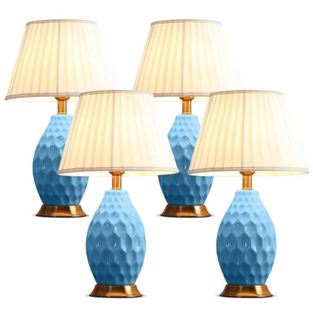 4X Textured Ceramic Oval Table Lamp with Gold Metal Base Blue