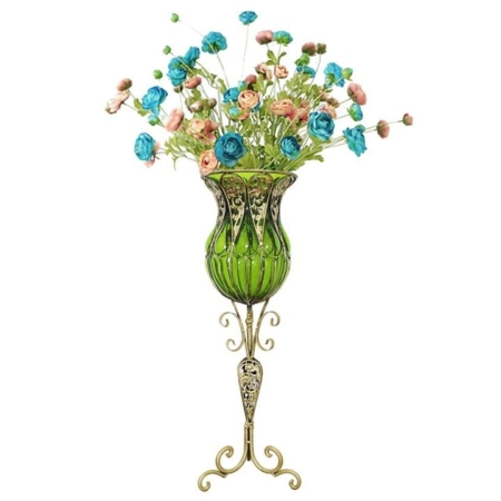 85cm Green Glass Tall Floor Vase and 12pcs Blue Artificial Fake Flower Set