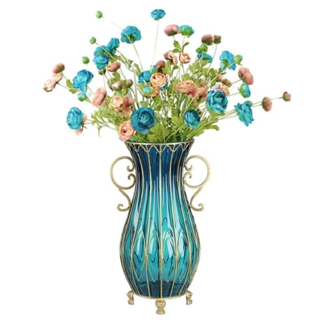 51cm Blue Glass Tall Floor Vase with 12pcs Artificial Fake Flower Set