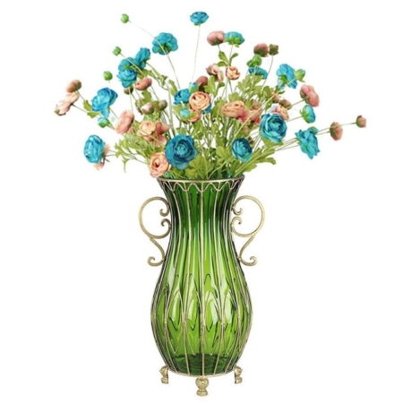 51cm Green Glass Tall Floor Vase with 12pcs Artificial Fake Flower Set