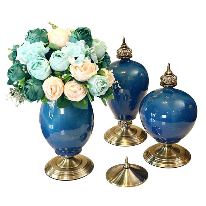 3X Ceramic Oval Flower Vase with Blue Flower Set Dark Blue