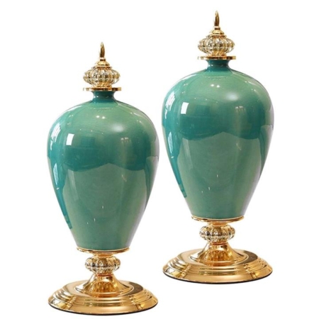 2X 42cm Ceramic Oval Flower Vase with Gold Metal Base Green