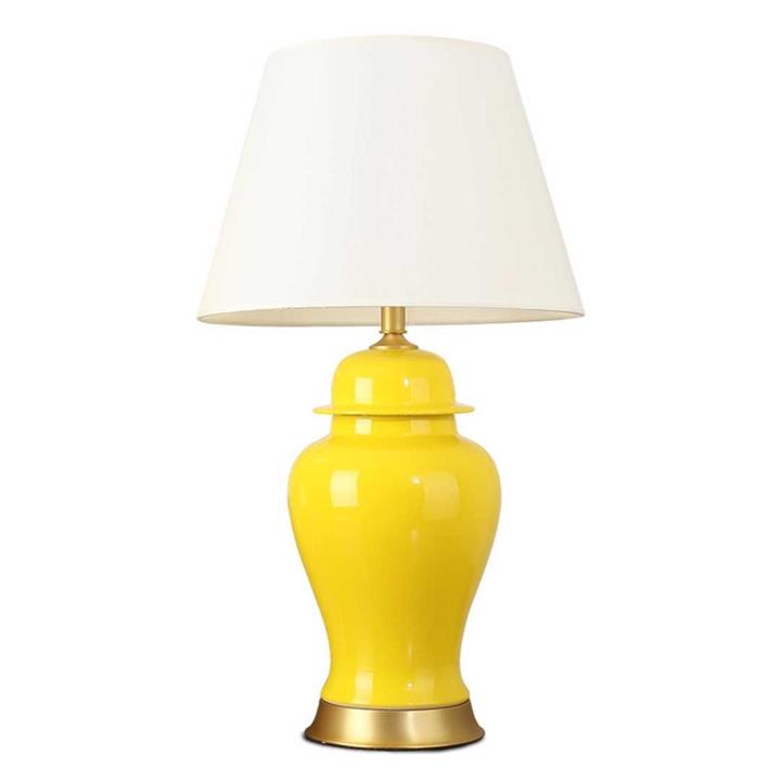 Oval Ceramic Table Lamp with Gold Metal Base Desk Lamp Yellow