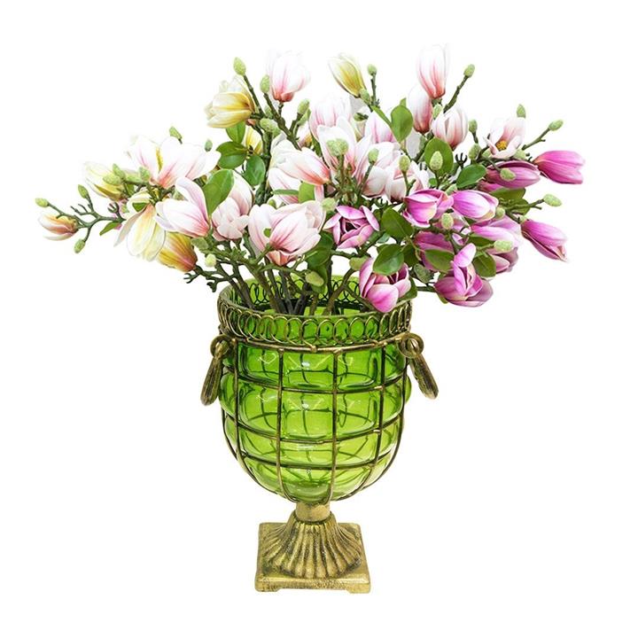 Green Glass Flower Vase with 6 Bunch 4 Heads Artificial Fake Silk Magnolia denudata Home Decor Set