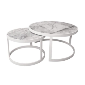 Set of 2 Leonardo Nesting Marble Round Coffee Table Metal Frame - White