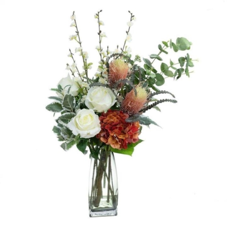 Hydrangea & Banksia Artificial Plant Arrangement 80cm In Glass - Multi Color