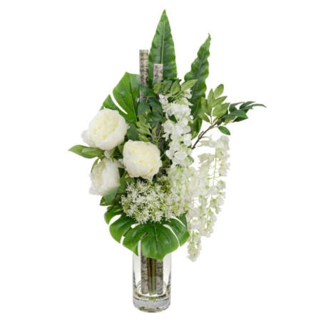 Peony & Wisteria Artificial Plant Decorative Arrangement 80cm In Glass - White