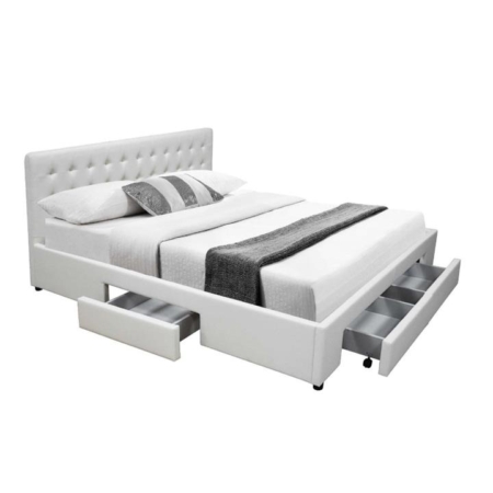 PU Leather Double Bed Frame Headboard With 2-Drawers Storage - White