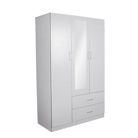 Modern 3-Door 2-Drawers Wardrobe Closet Clothes Storage Cabinet With Mirror - White