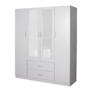 Modern 4-Door 2-Drawers Wardrobe Closet Clothes Storage Cabinet With Mirror - White